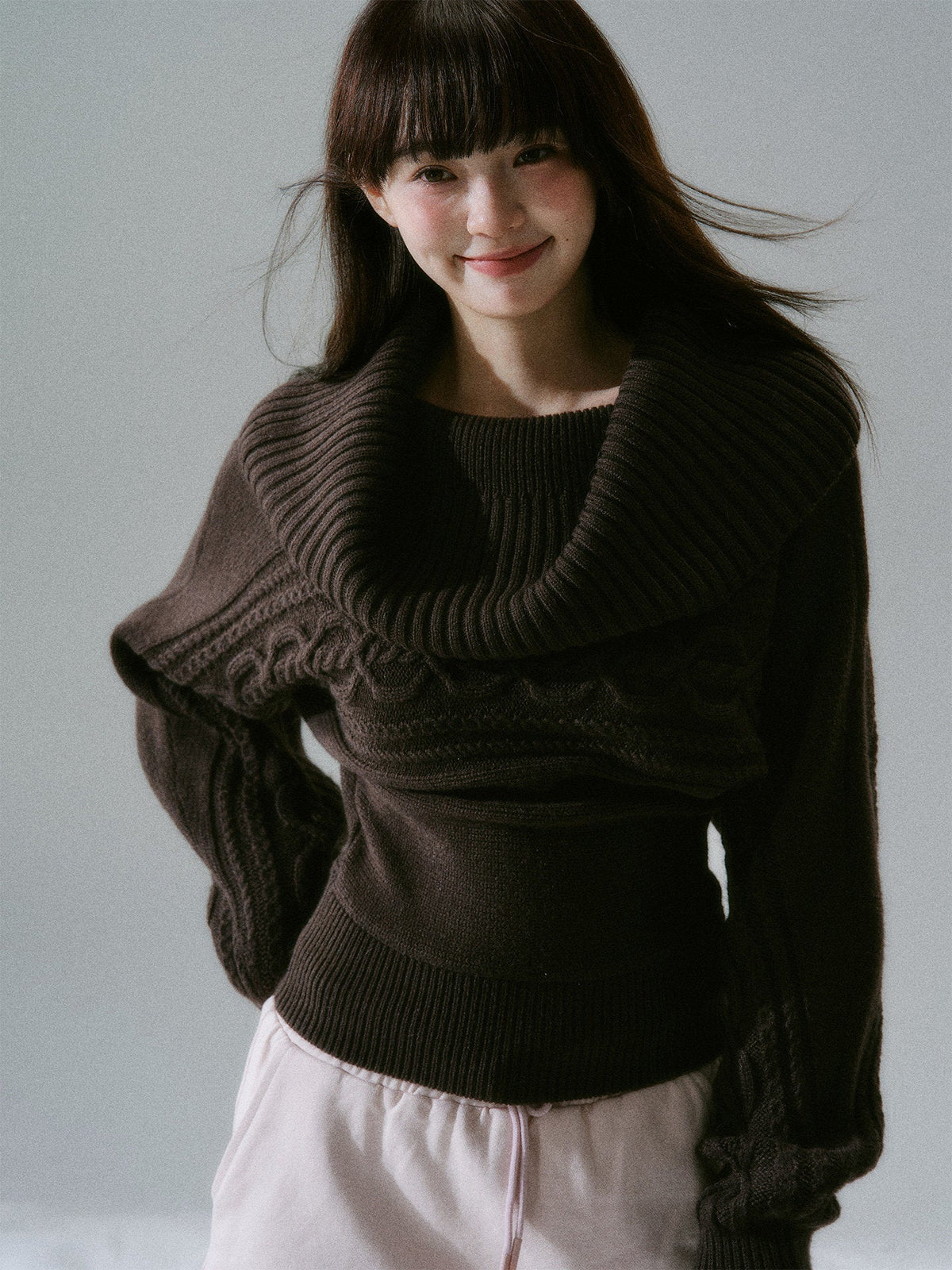 Ribbed Cowl Neck Cable Sleeve Knit Sweater