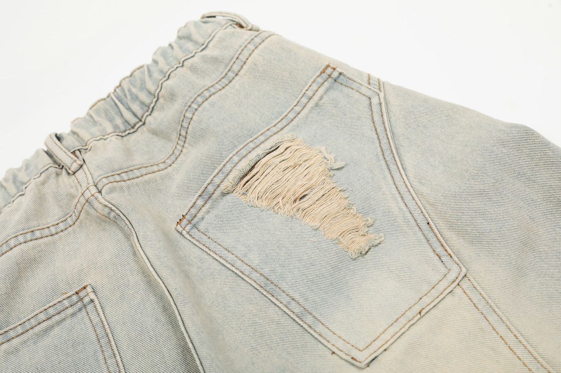Washed Damage Curved Wide Leg Denim Jeans