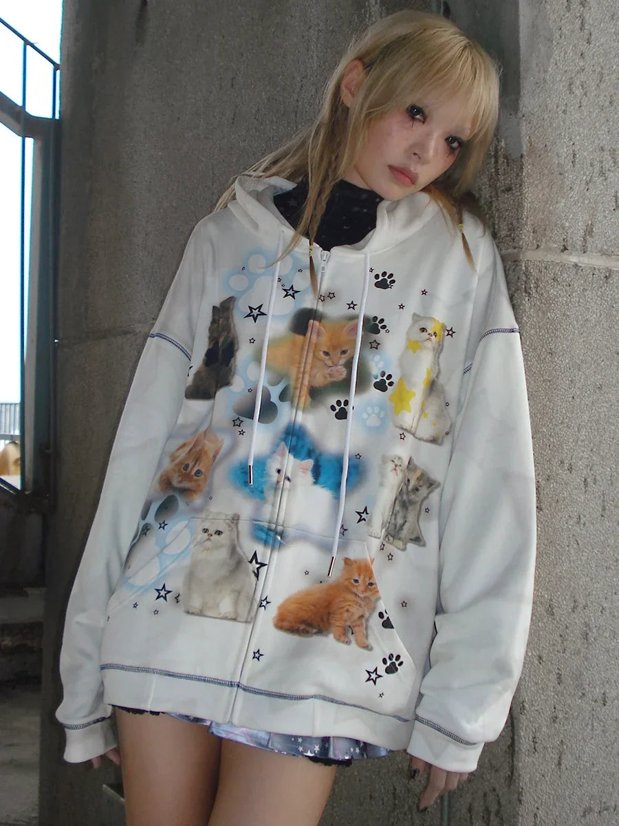 Cat Print Zipper Hoodie