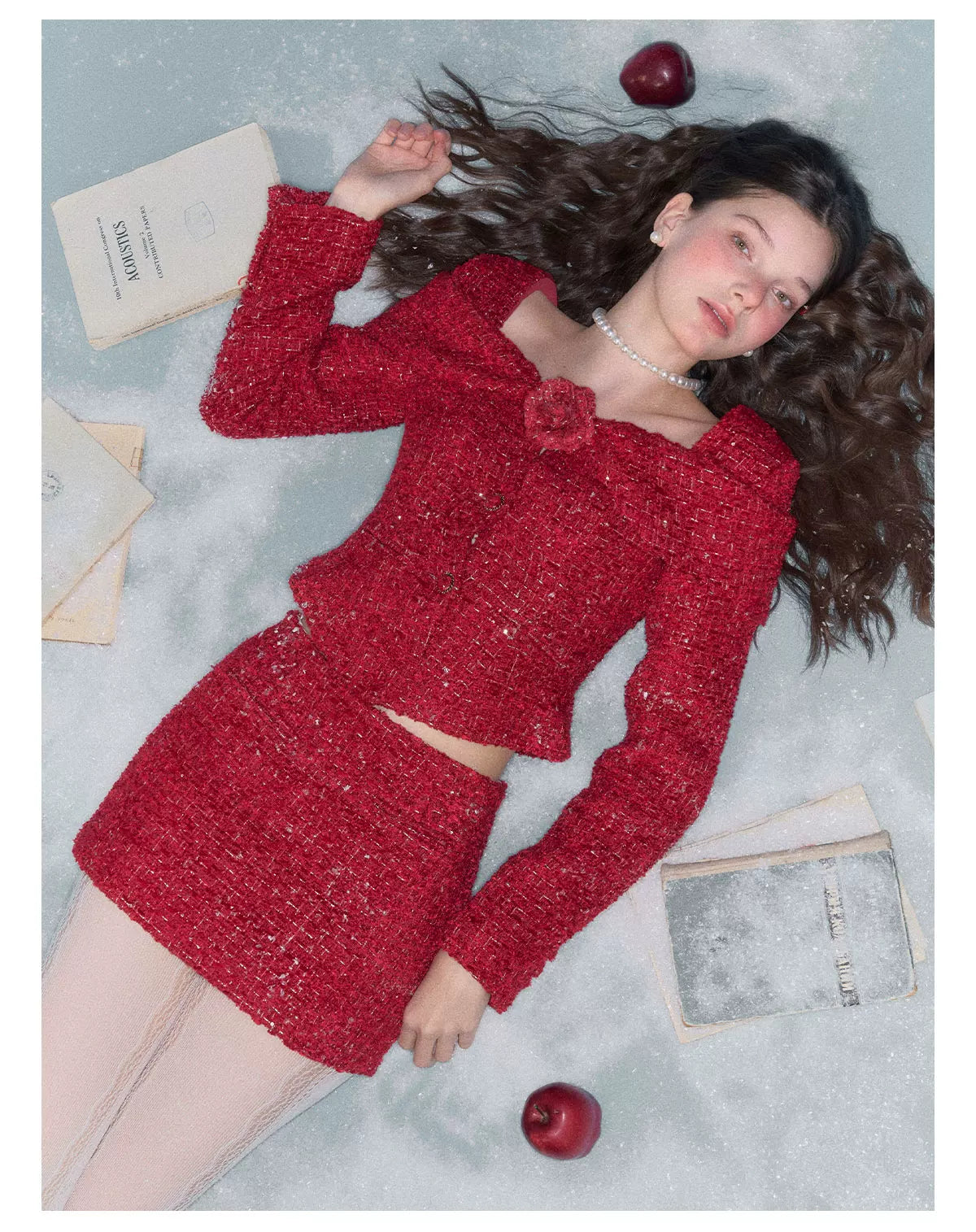 Short Tweed Jacket & Tweed Short Skirt & Tweed Fishtail Long Skirt & Fur Scarf Setup