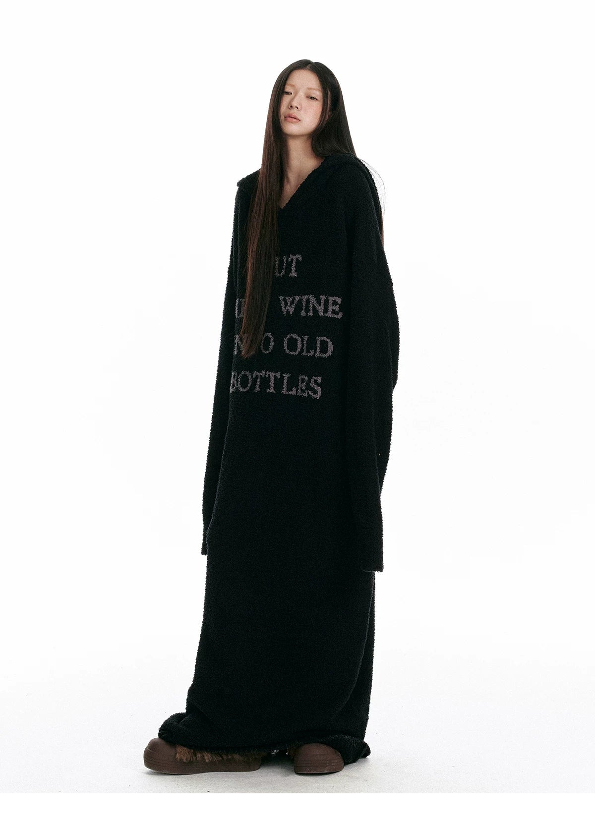 Fuzzy Hooded Knit Over-Knee Robe Dress