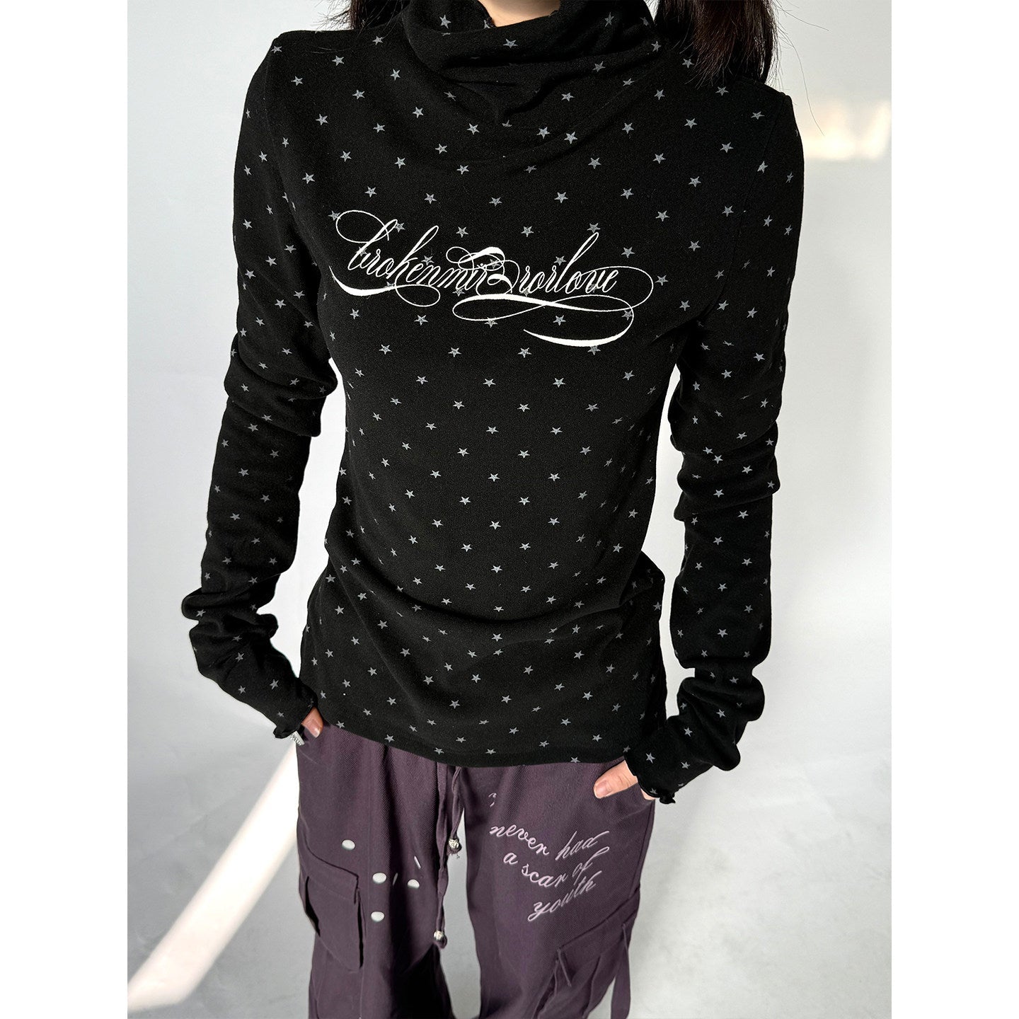 Polka Dot Print High-Neck Long Sleeve T-Shirt