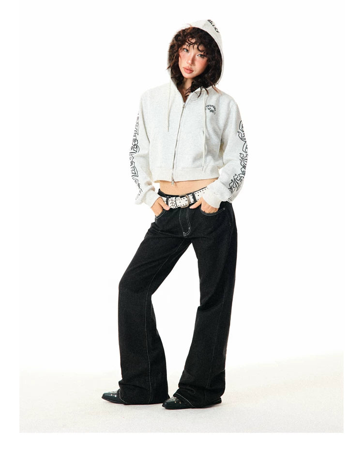 Gothic Logo Print Cropped Zipper Hoodie