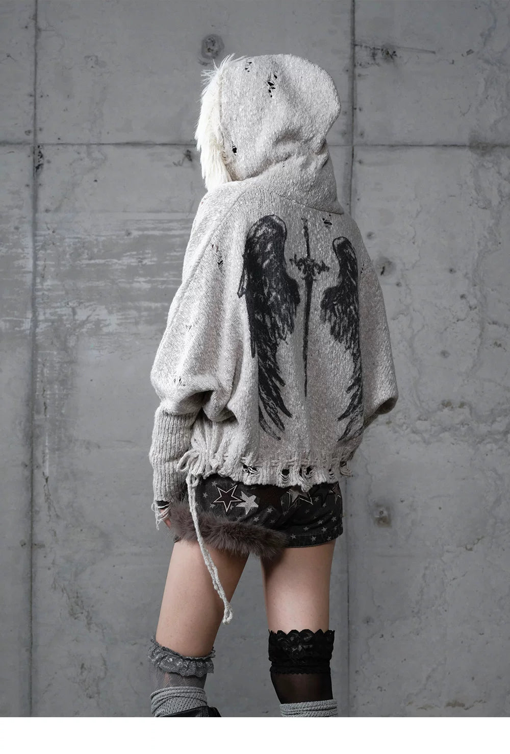 Fake Fur Trim Drawstring Oversize Knit Cardigan