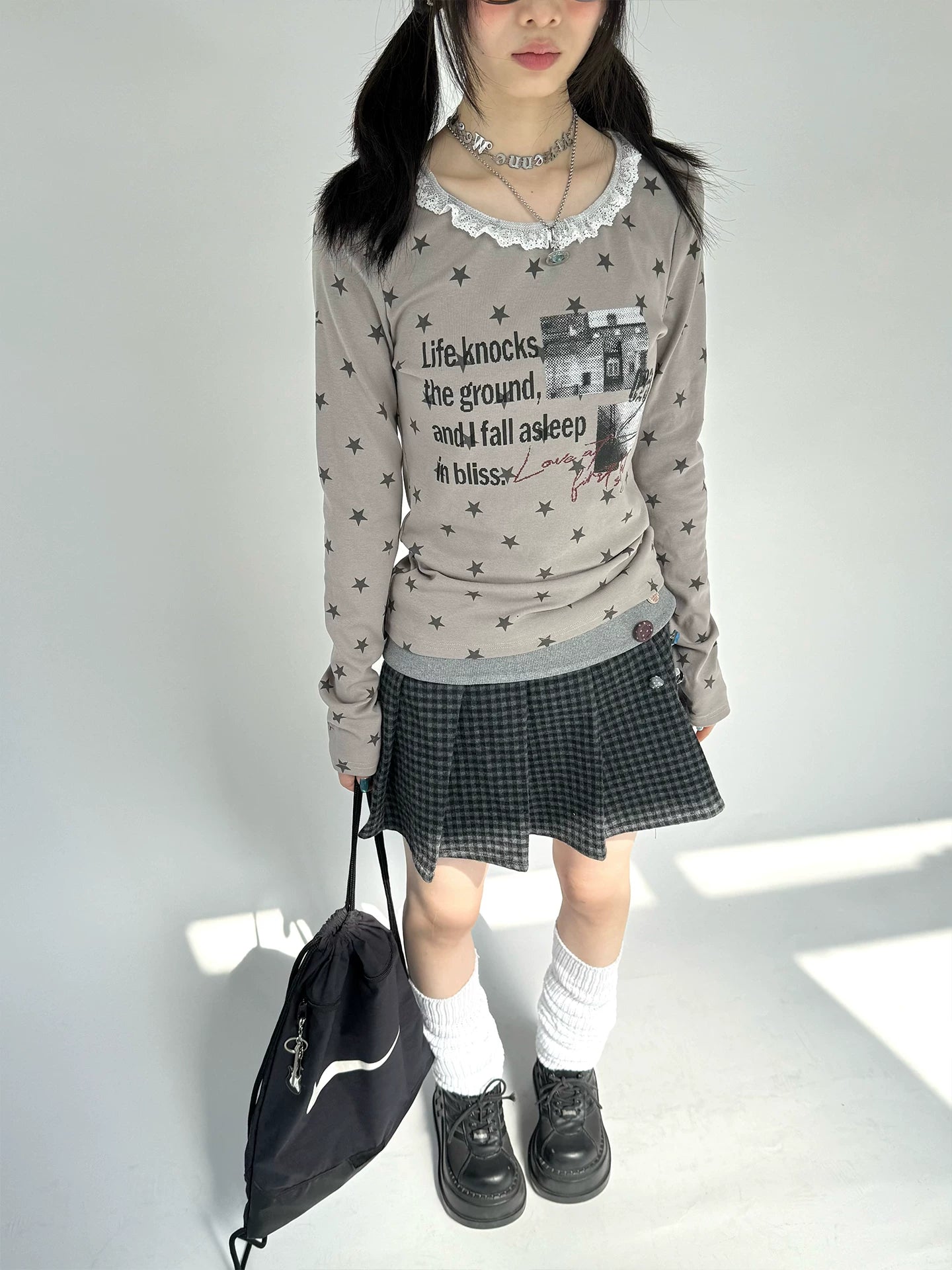 Star Print Lace Trim Fitted Long Sleeve T-Shirt
