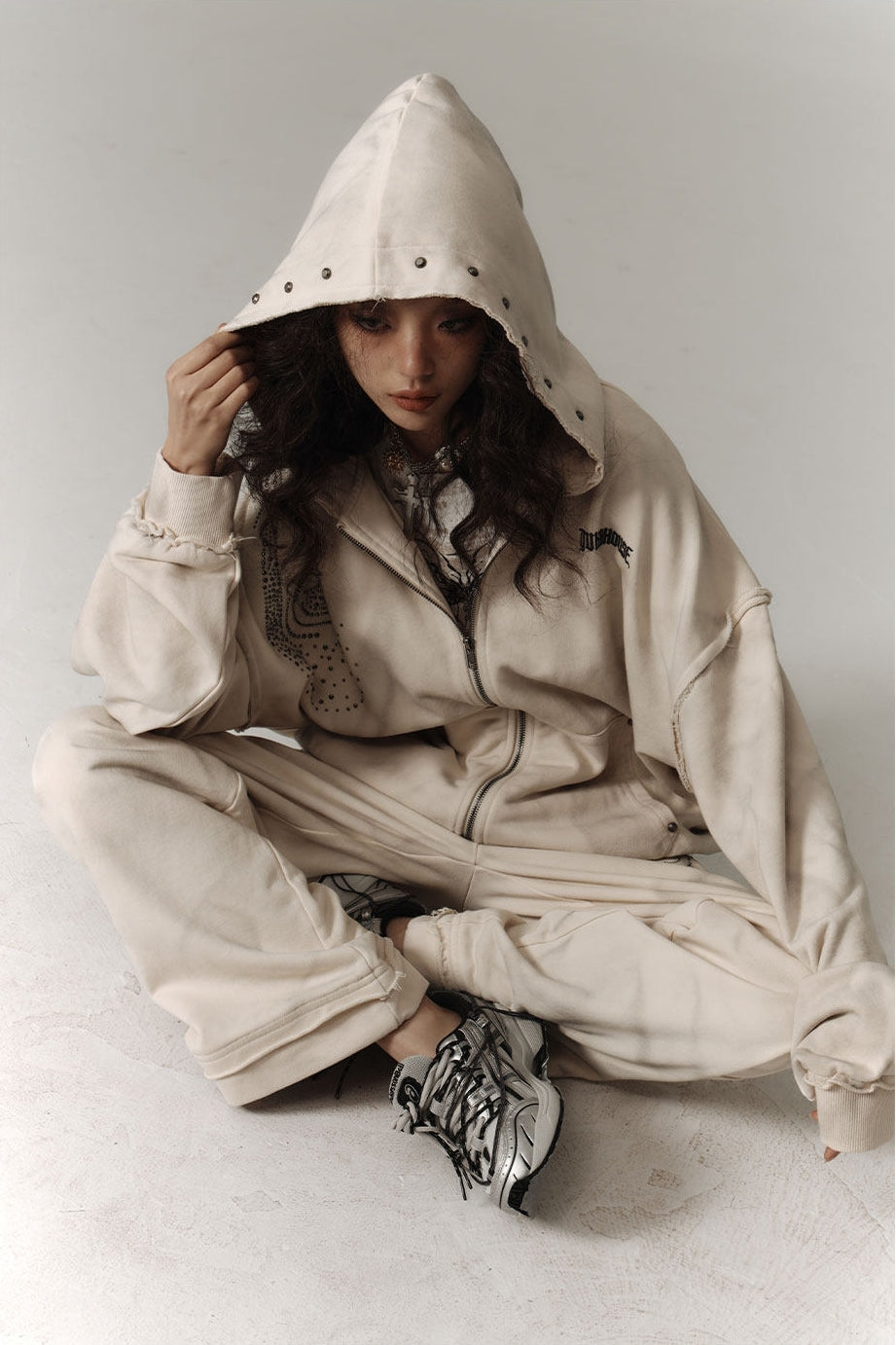 Washed Damage Oversize Zipper Hoodie & Wide Leg Pants Setup