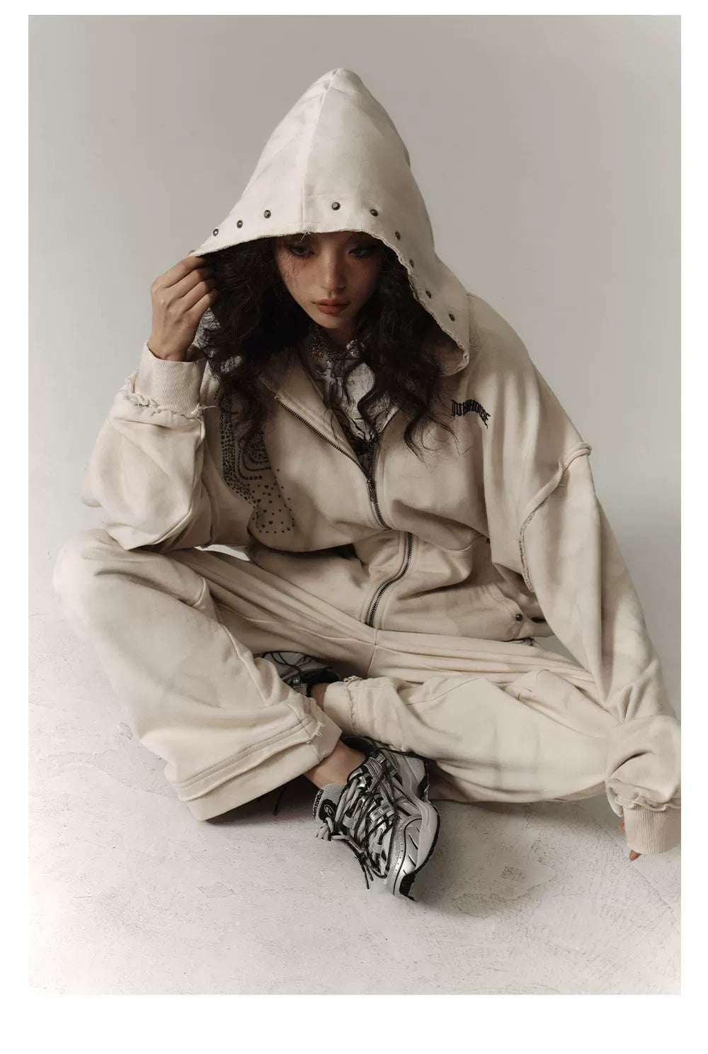 Washed Damage Oversize Zipper Hoodie & Wide Leg Pants Setup