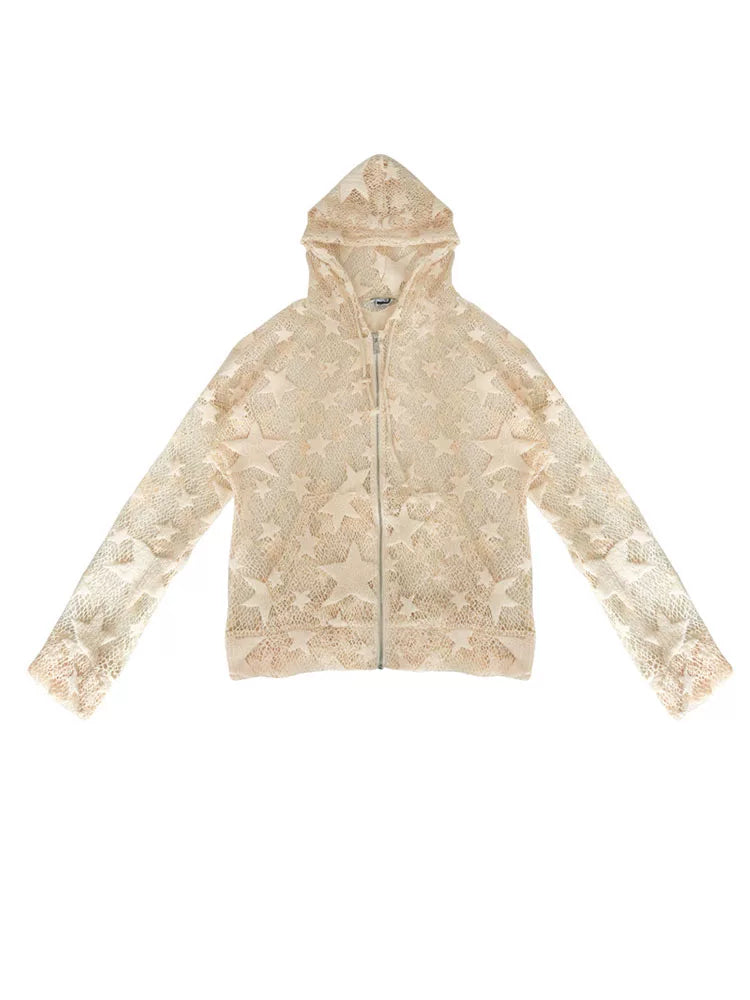 Sheer Mesh Hollow-Out Zipper Hoodie
