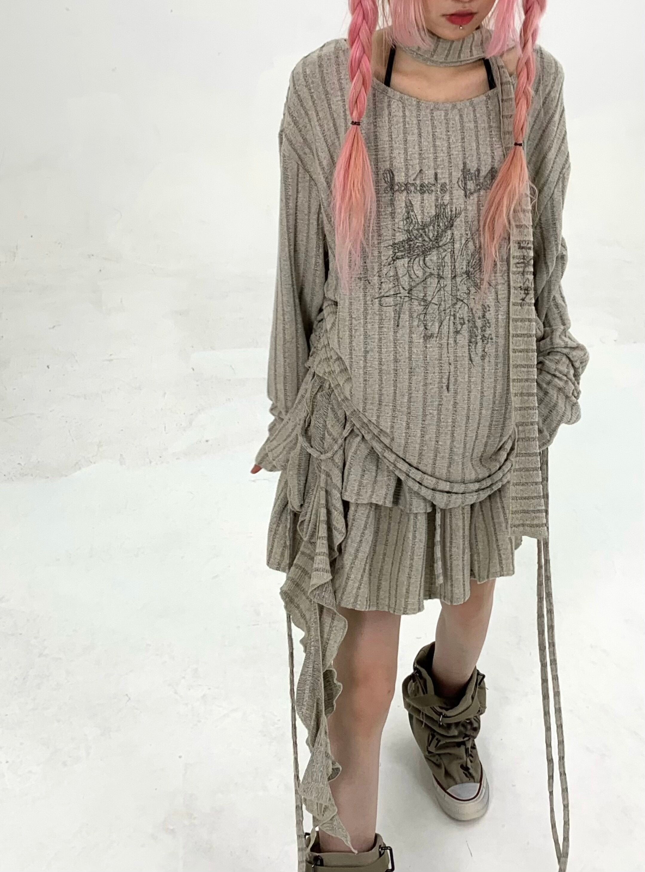 Ribbed Letter Print Strap Detail Oversize Knit Sweater