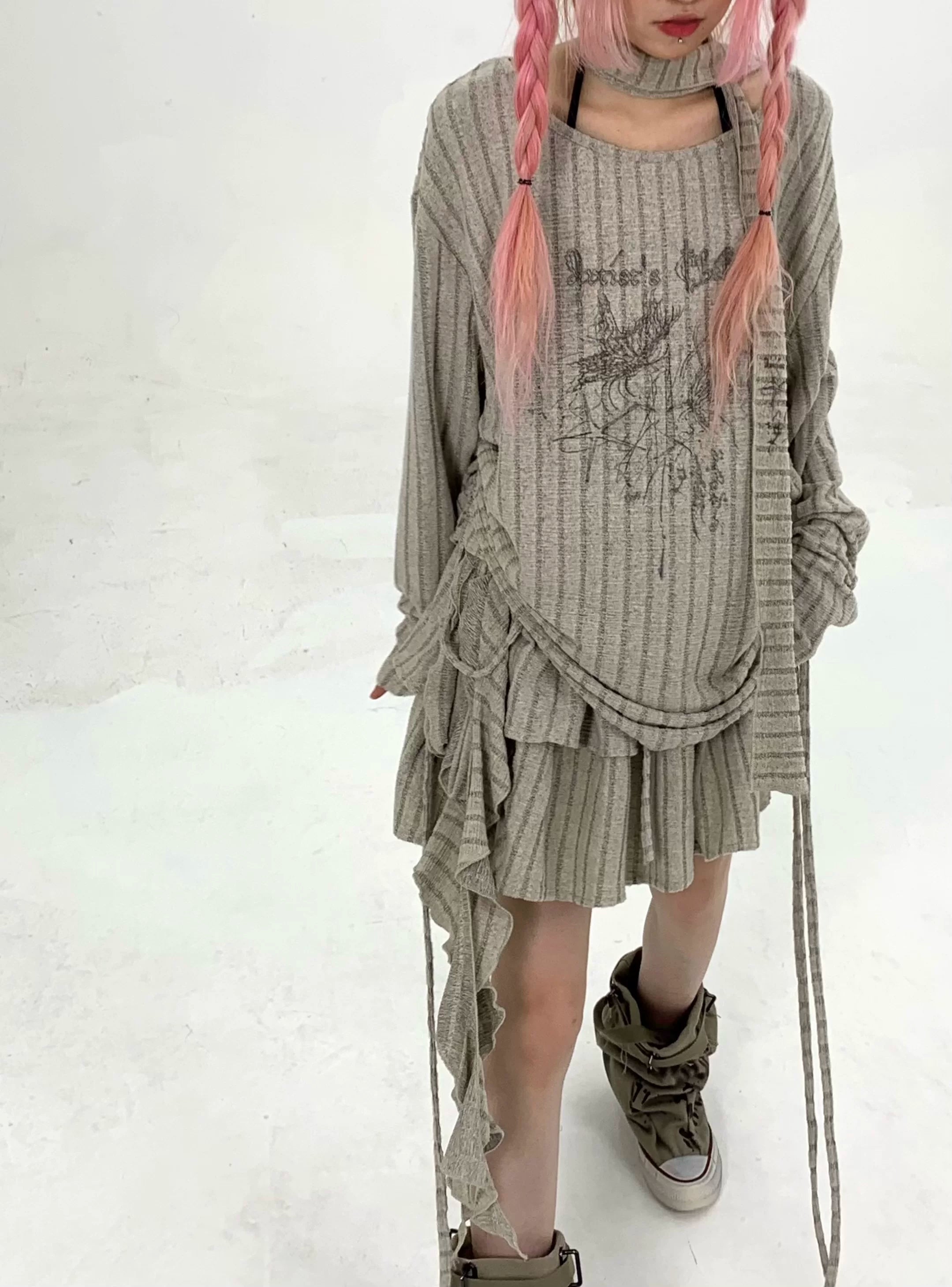 Ribbed Letter Print Strap Detail Oversize Knit Sweater