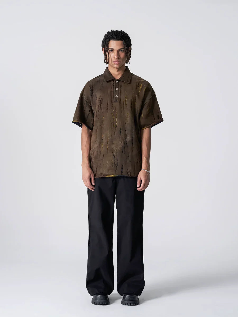 Wavy Pattern Raw Edge Print Short Sleeve Shirt