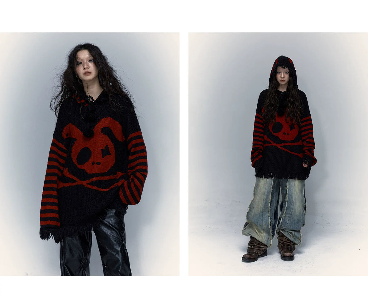 Skull Print Stripe Oversize Knit Hoodie