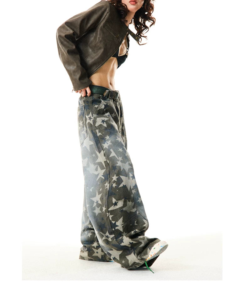 Star Print Damage Wide Leg Denim Jeans