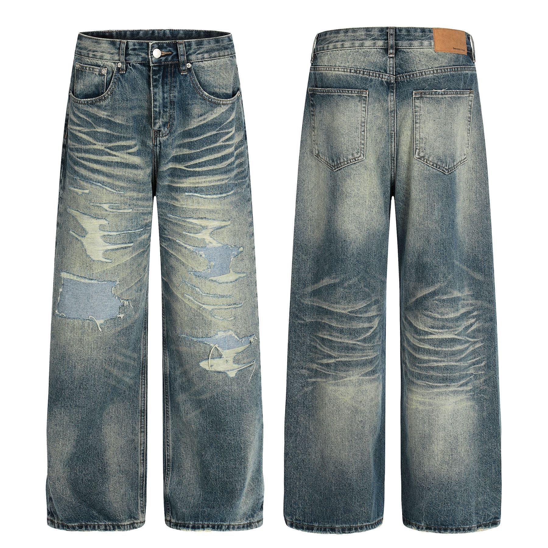 Whisker Damage Wide Leg Denim Jeans