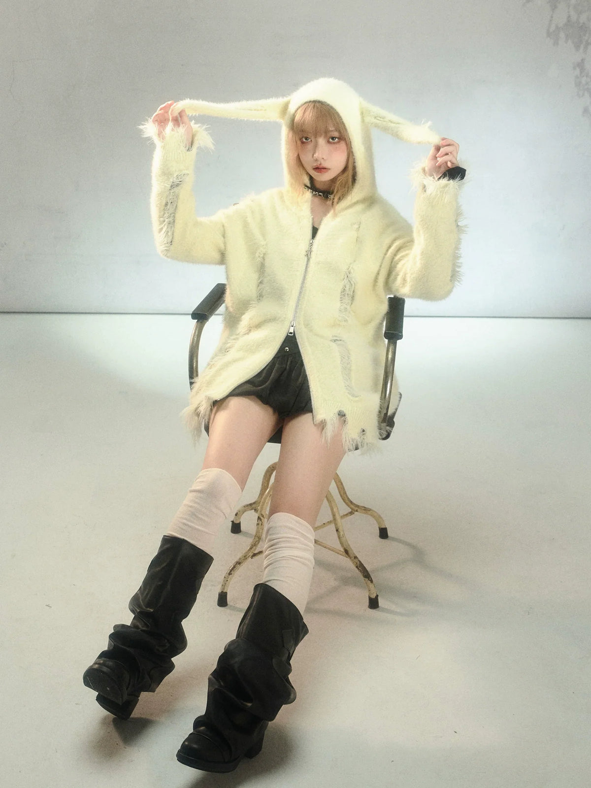Rabbit Ear Zipper Knit Hoodie
