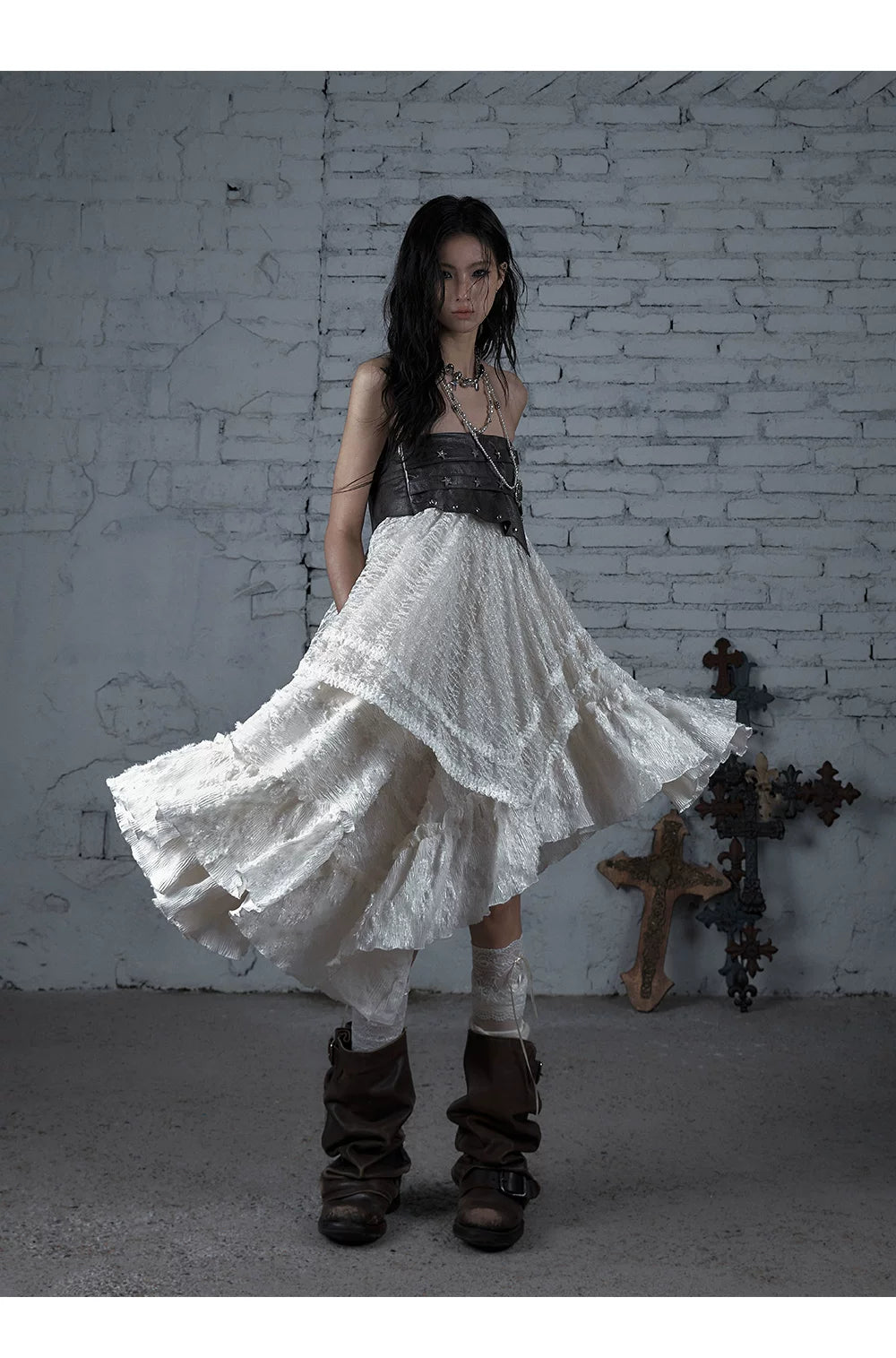 Asymmetric Lace Layered Belt Detail Skirt