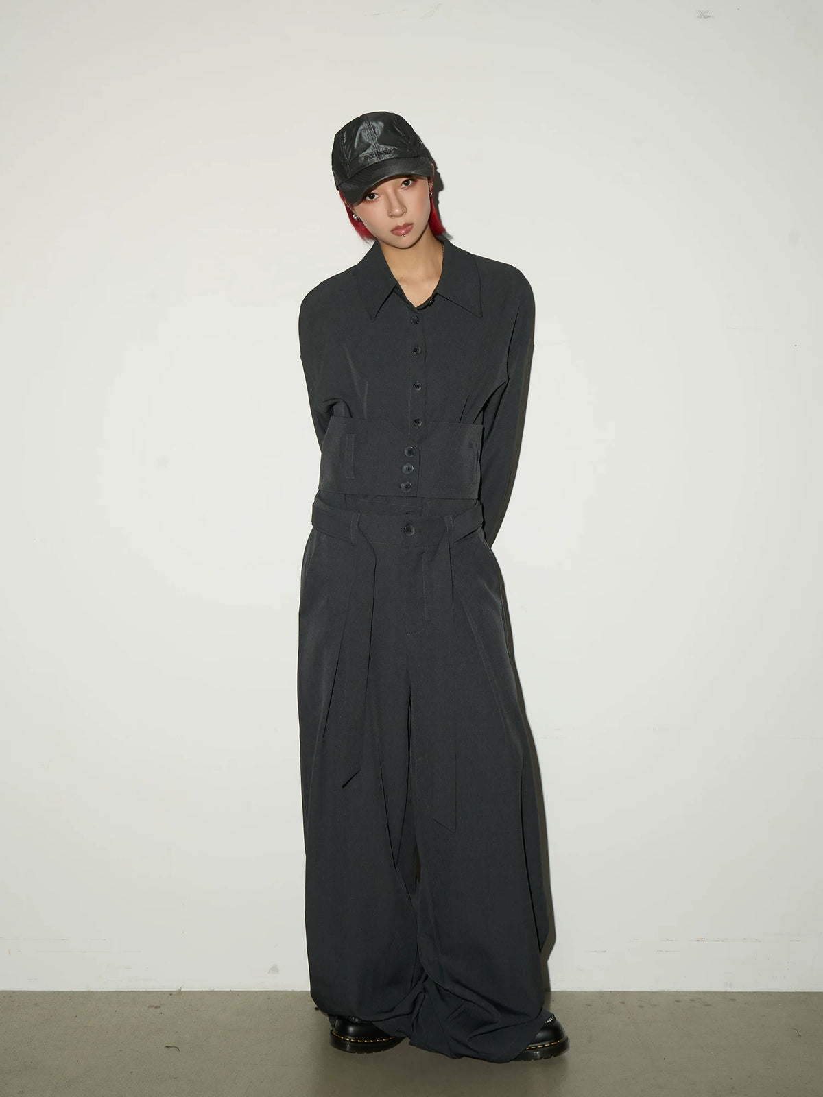 Button Front Long Sleeve Shirt & Pleats Wide Leg Trousers Setup