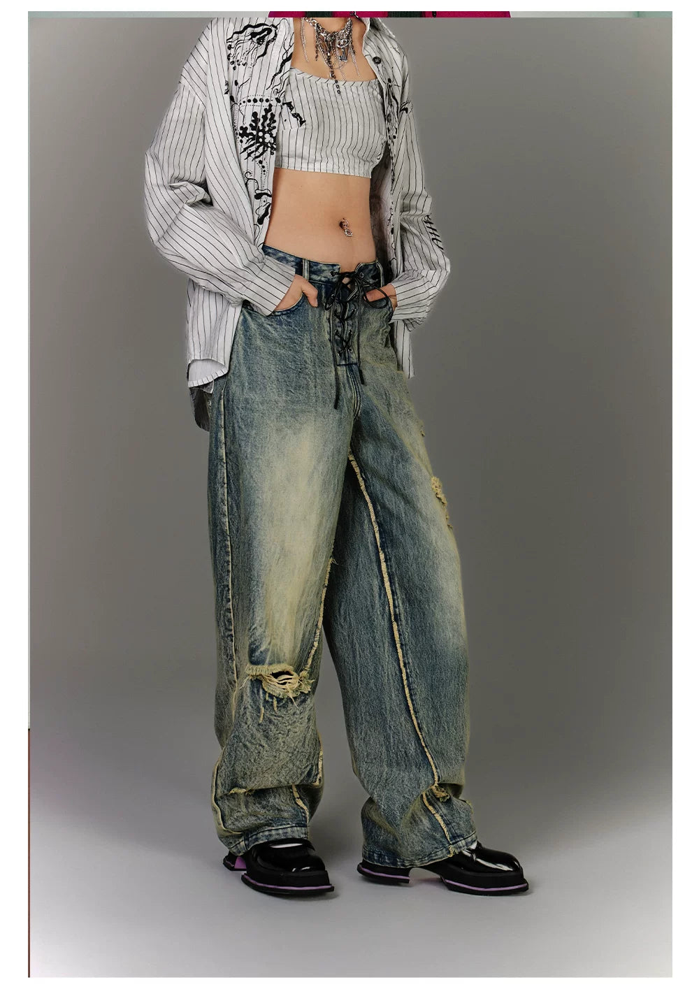 Washed Blue Damage Wide Leg Denim Jeans