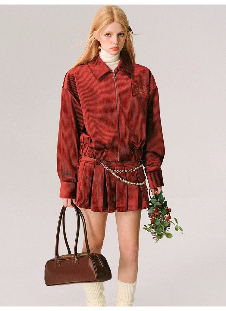 Ensemble veste zippée en velours, jupe courte plissée et jupe sirène