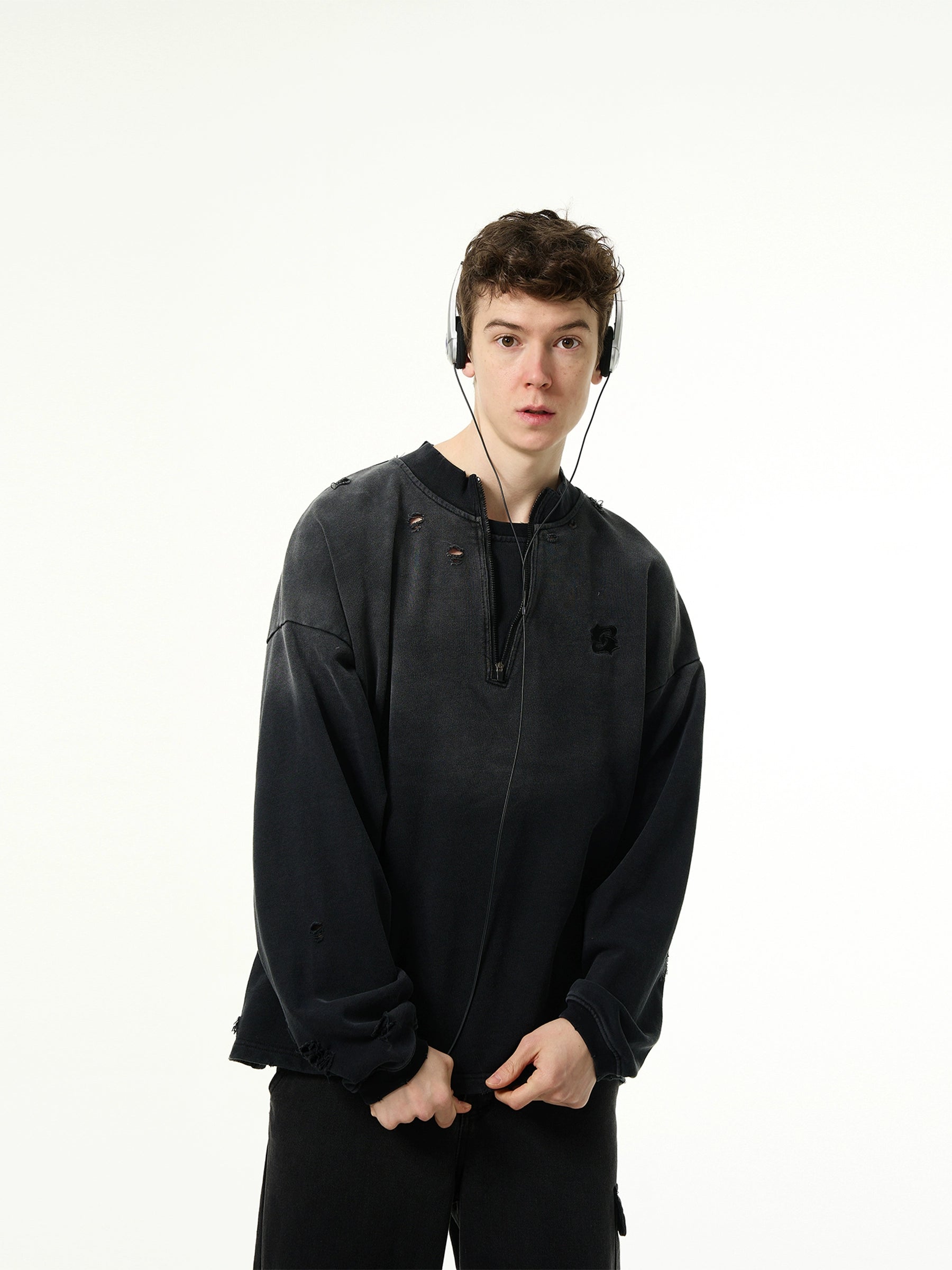 Ripped Half Zip Sweatshirt