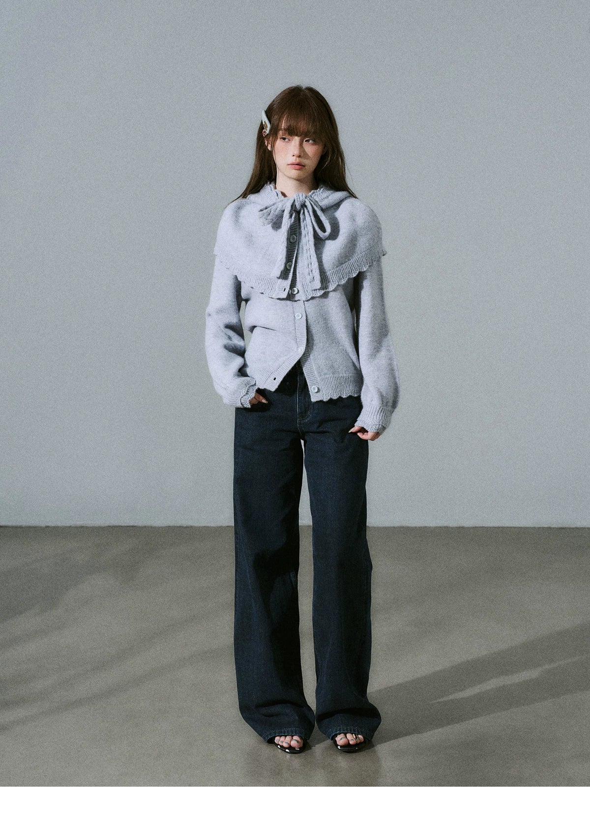Ruffled Collar And Bow Detail Knit Cardigan