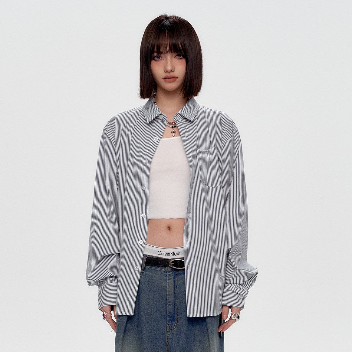 Blue White Stripe Oversize College Long Sleeve Shirt