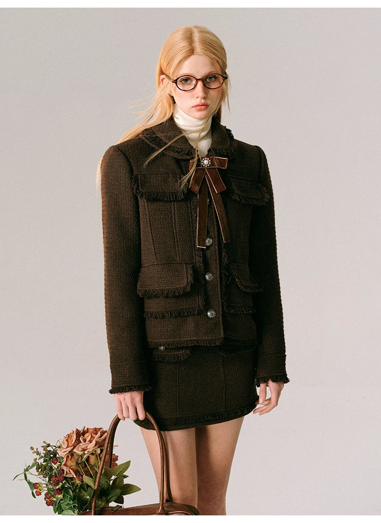 Bow Design Wool Blend Jacket & Short Skirt Setup