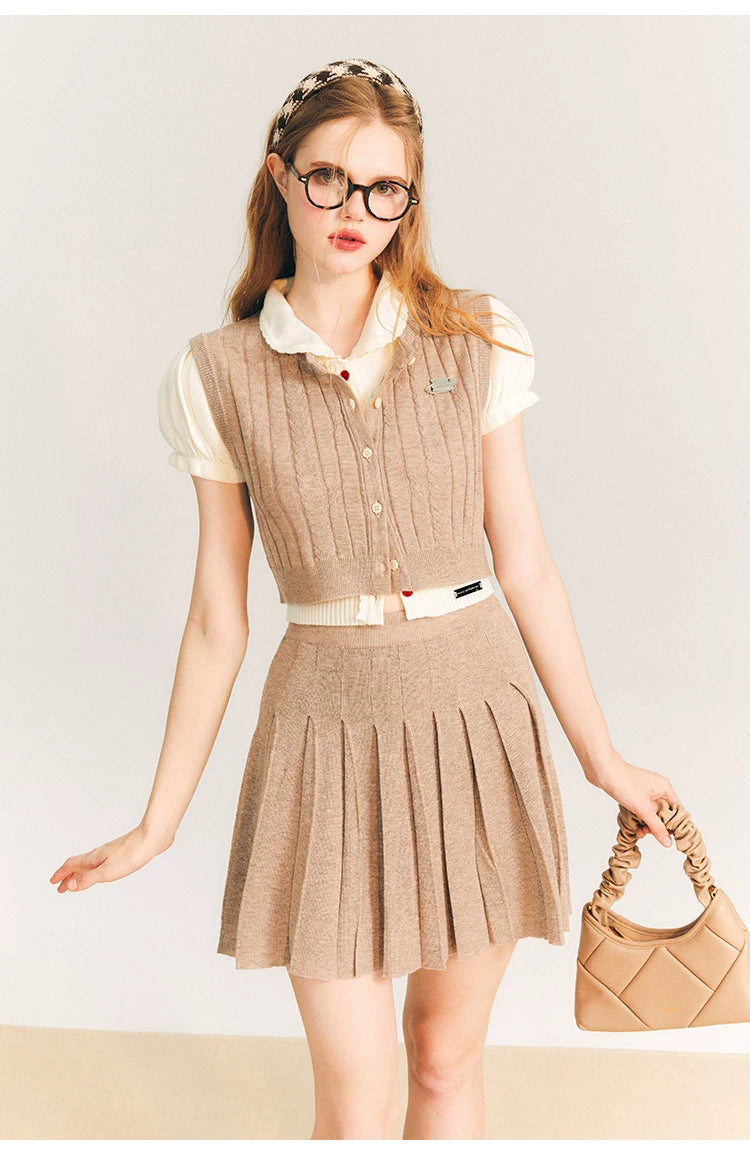 Button Knit Vest & Knit Pleated Skirt Setup