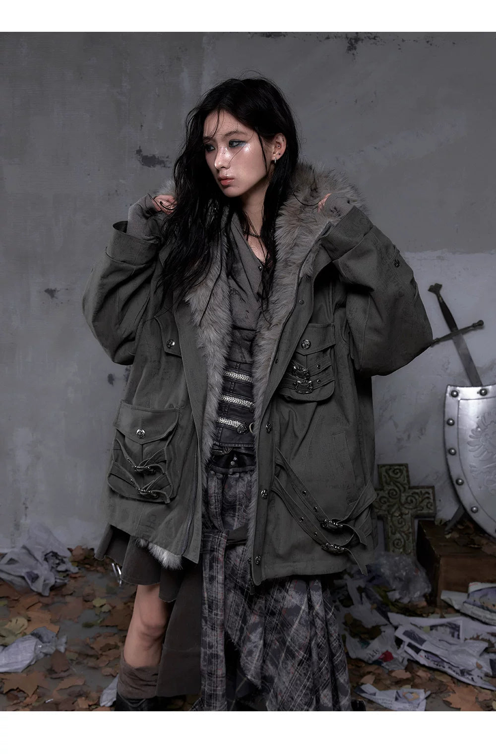 Fake Fur Hooded Multi-Pocket Buckle Detail Jacket