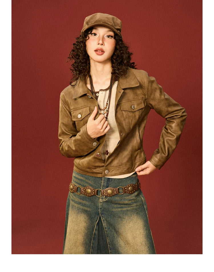 PU Leather Standing-Collar Short Jacket