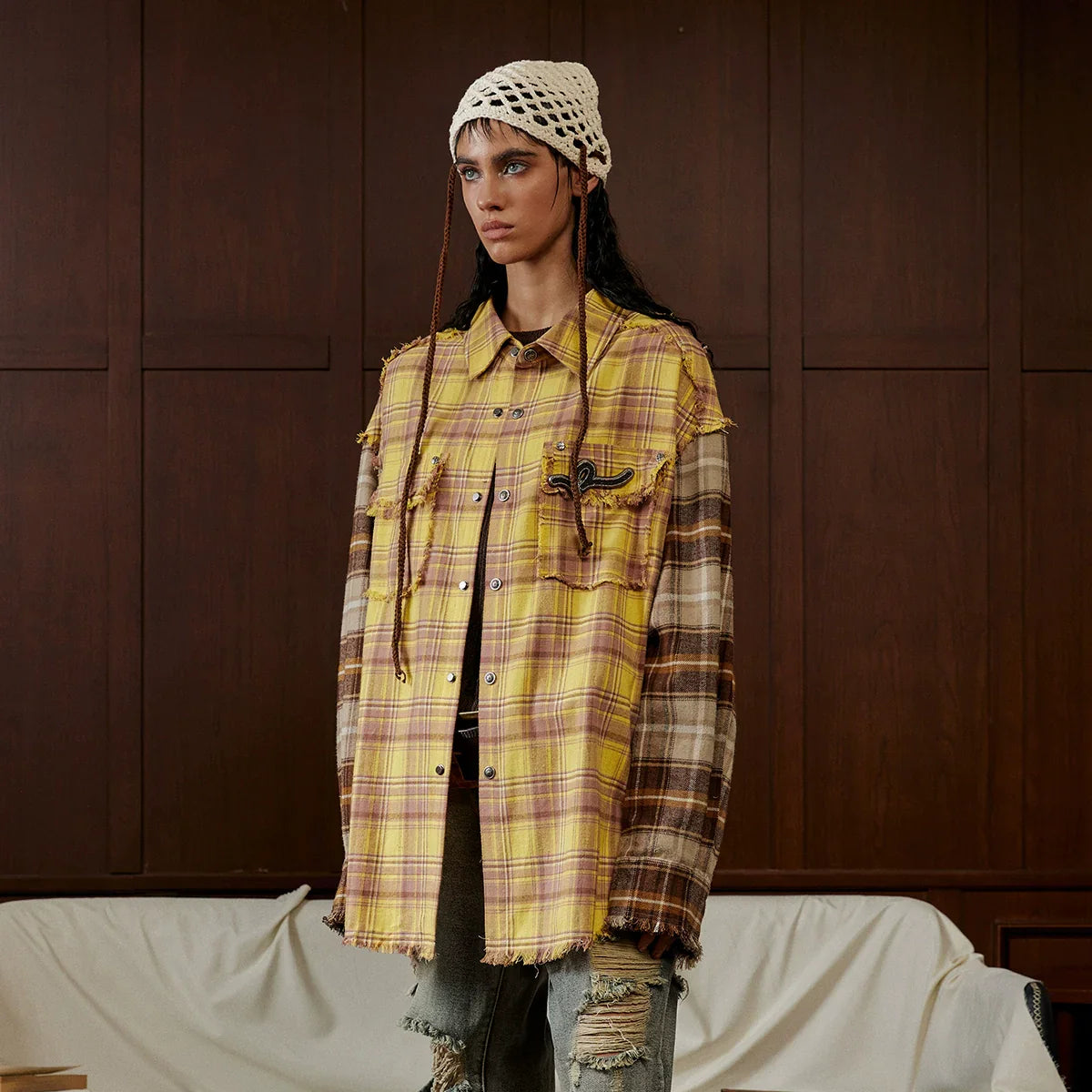 Colorblock Brushed Raw Hem Patchwork Plaid Long Sleeve Shirt
