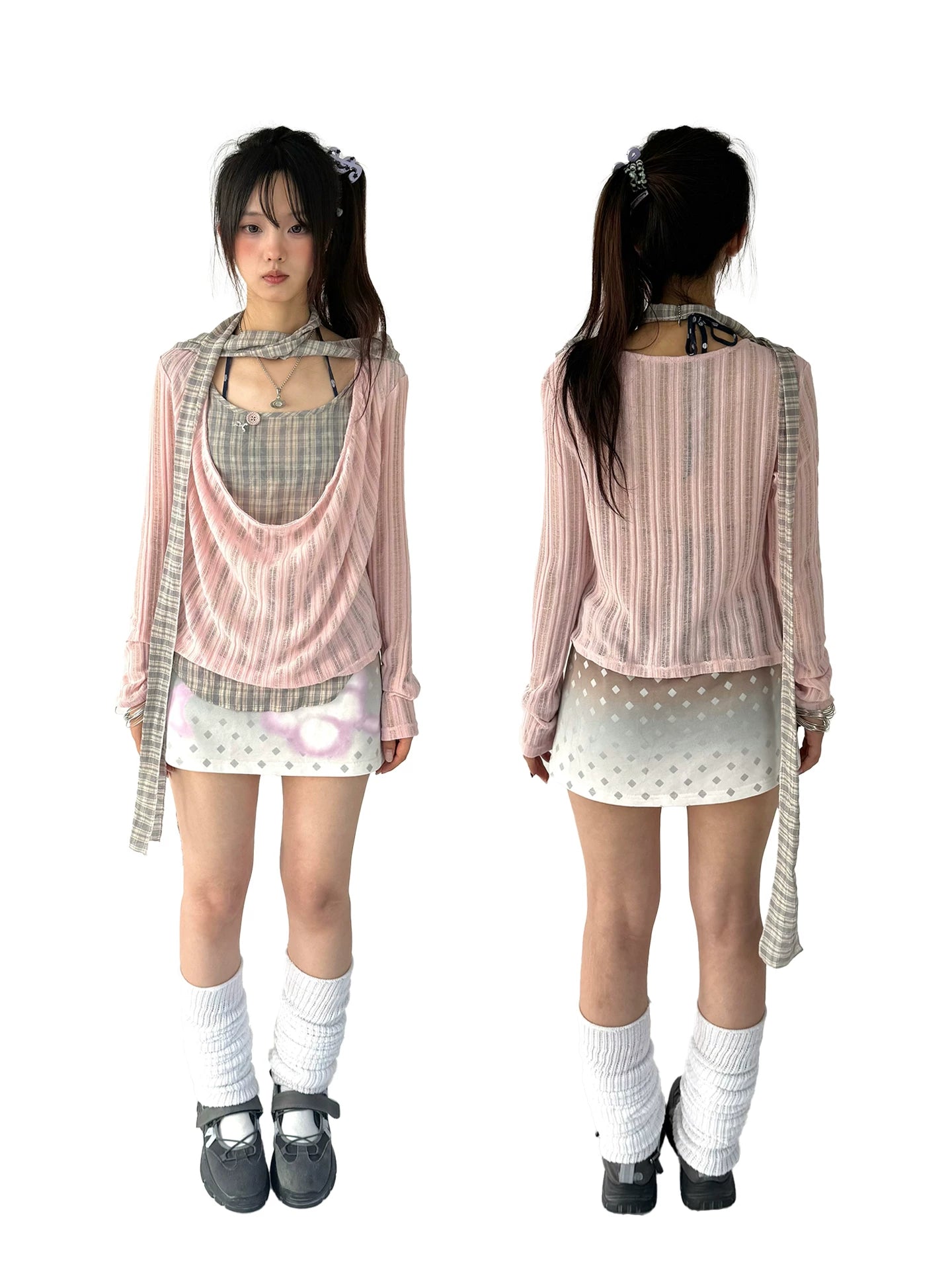 Plaid Ripped Fake Layered Long Sleeve T-Shirt