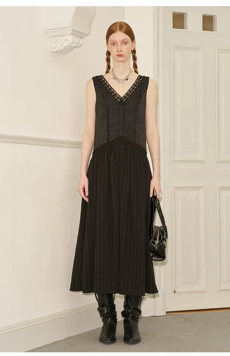 V-Neck Lace Stripe Splicing Sleeveless Long Dress