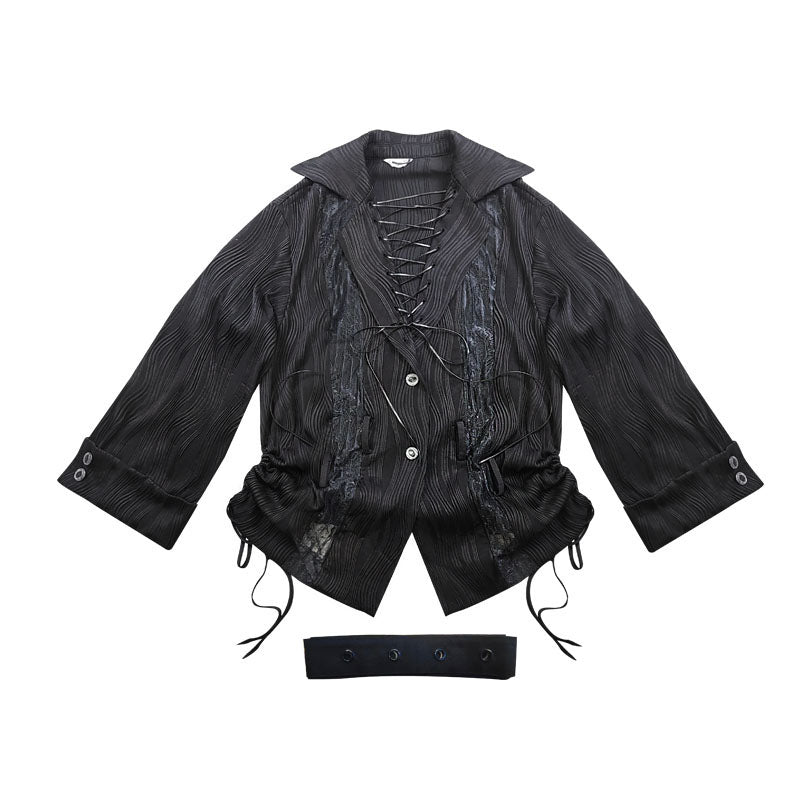 Ruched Textured Strap Detail Long Sleeve Shirt
