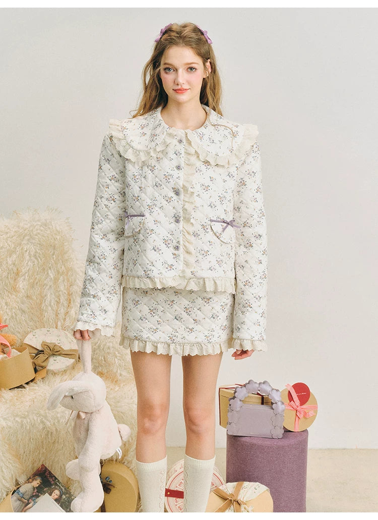 Lace Quilted Cotton Jacket & Short Skirt Setup