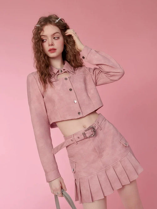 Conjunto de Jaqueta Curta e Saia Plissada Curta em Couro PU - Rosa / S / jaqueta