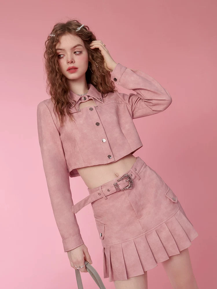 PU Leather Short Jacket & Short Pleats Skirt Setup