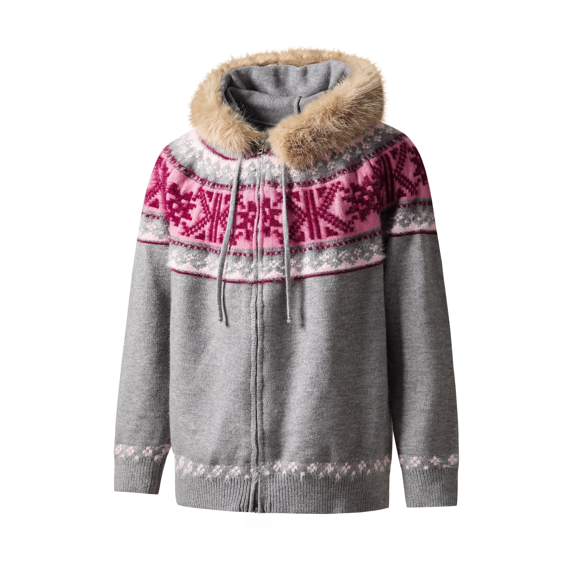 Fur Collar Fair Isle Hooded Knit Cardigan