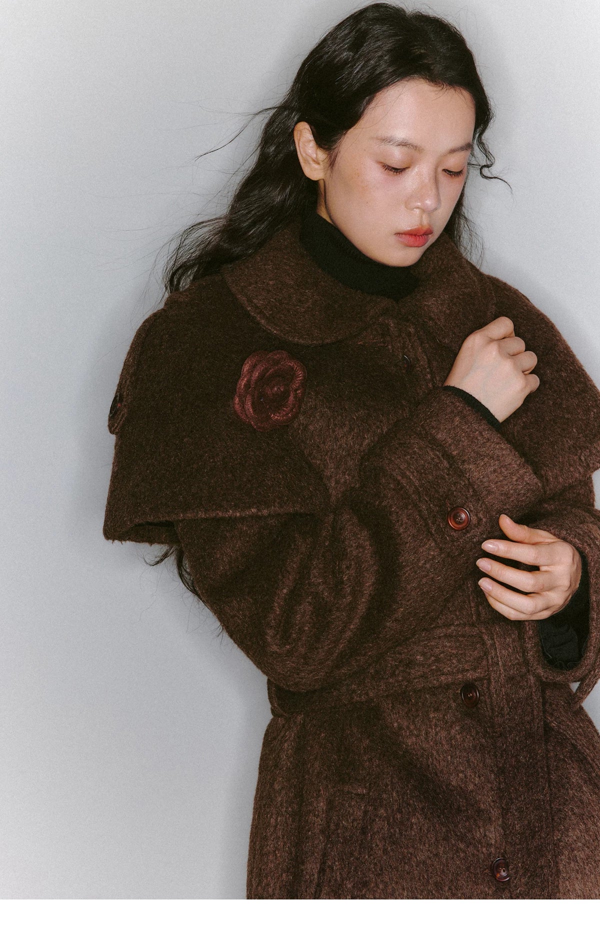 Cape Collar & Flower Detail Belted Coat