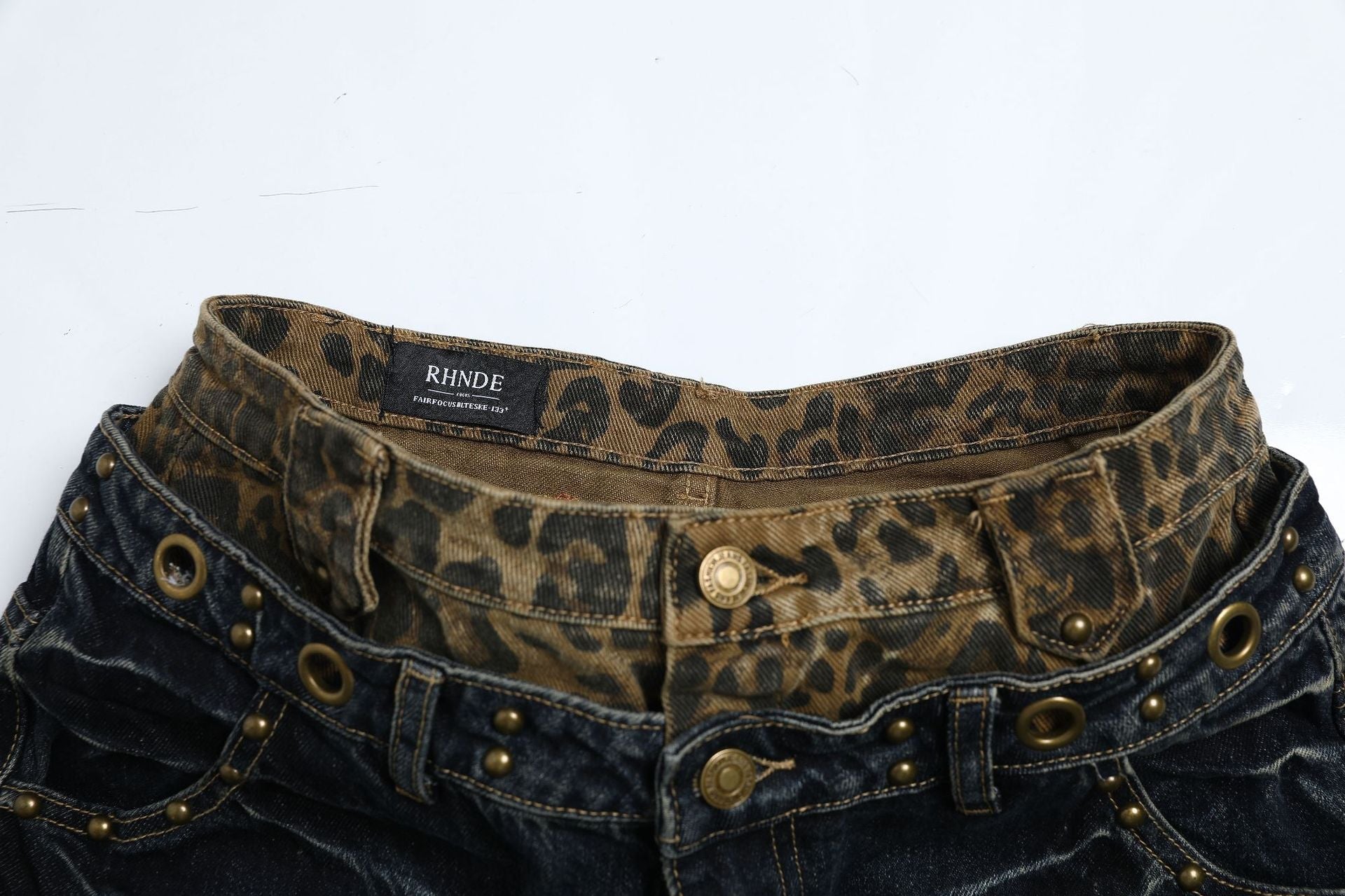 Fake Layered Leopard Print Wide Leg Denim Jeans