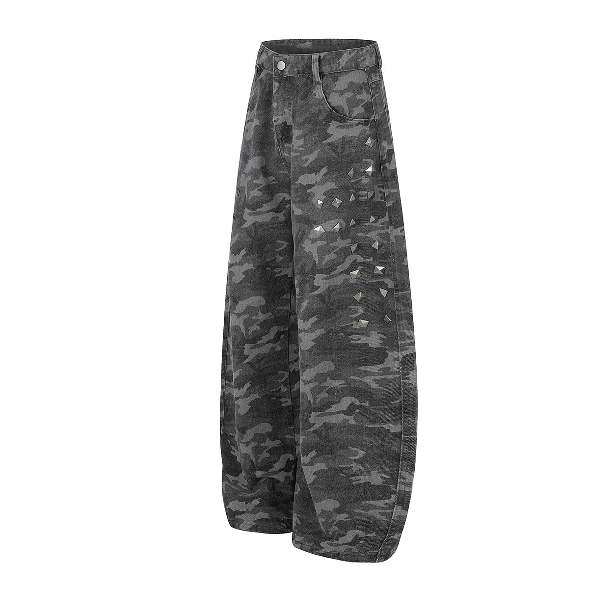 Camo Rivet Curved Wide Leg Denim Jeans