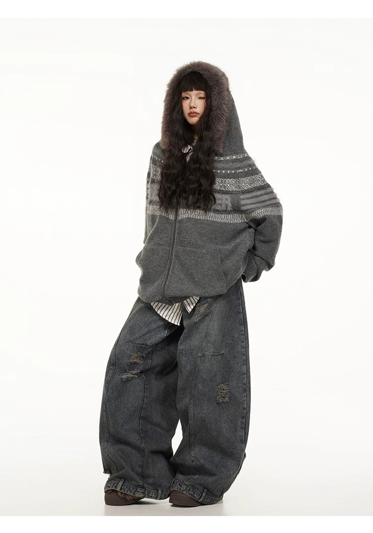 Fair Isle Hooded Detachable Fur Collar Knit Cardigan