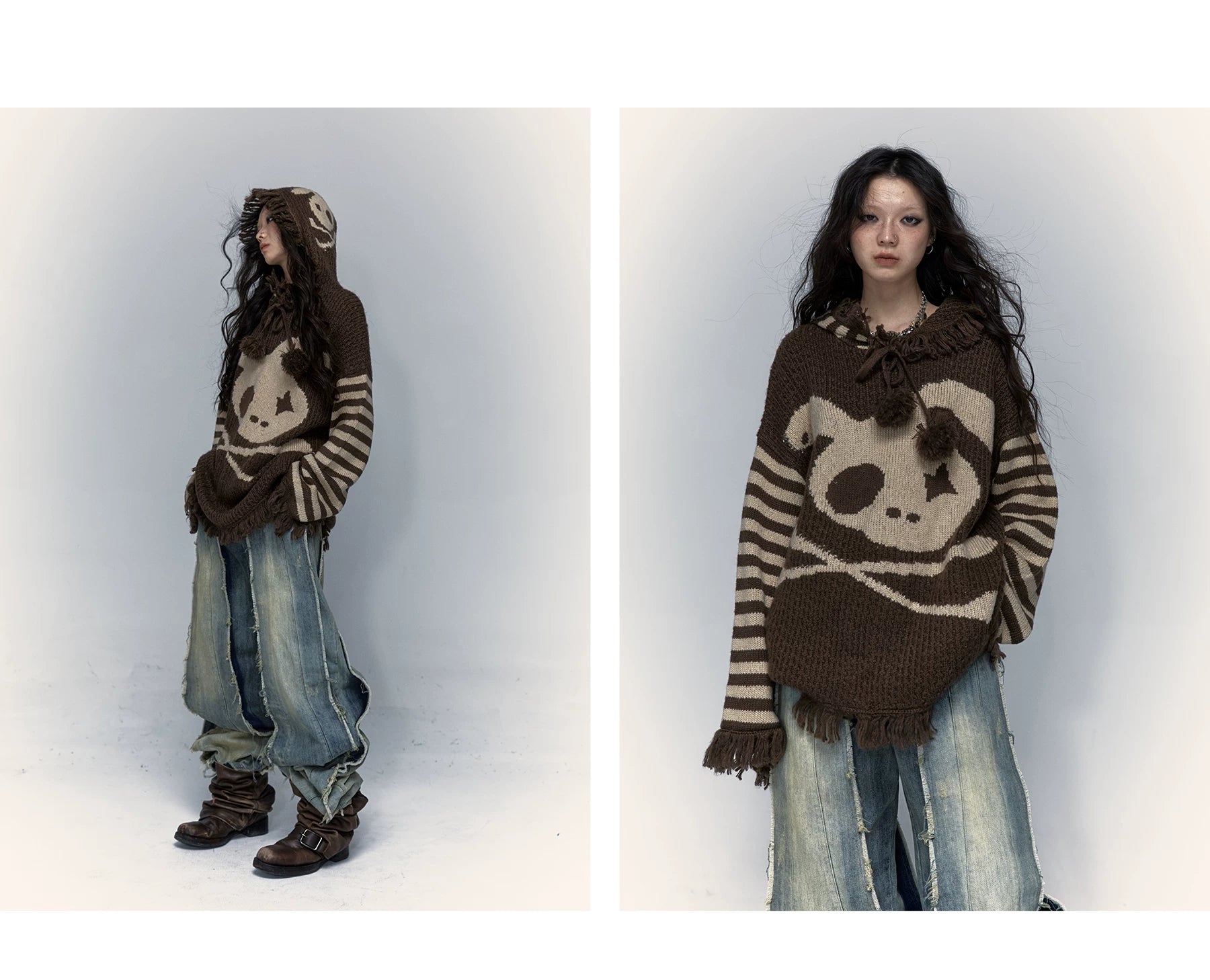 Skull Print Stripe Oversize Knit Hoodie