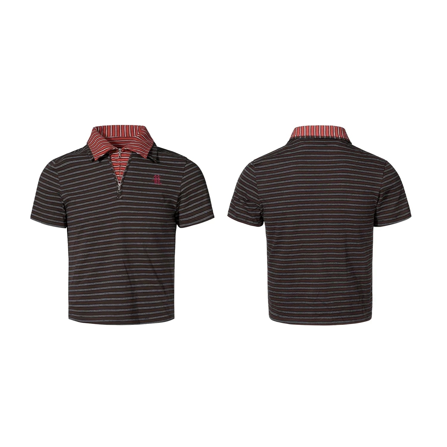Fake Layered Stripe Zipper Short Sleeve Polo Shirt