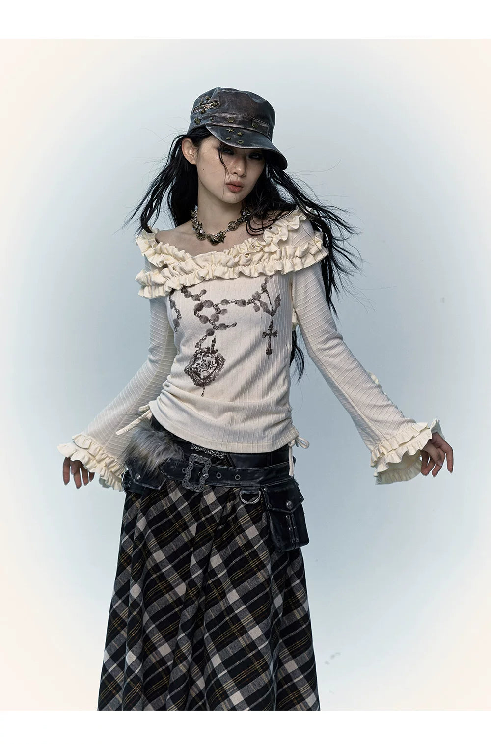 Ruffle Print Flare Sleeve Long Sleeve T-Shirt