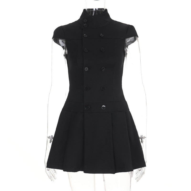 Halloween Gothic Double-Breasted Pleated Mini Dress