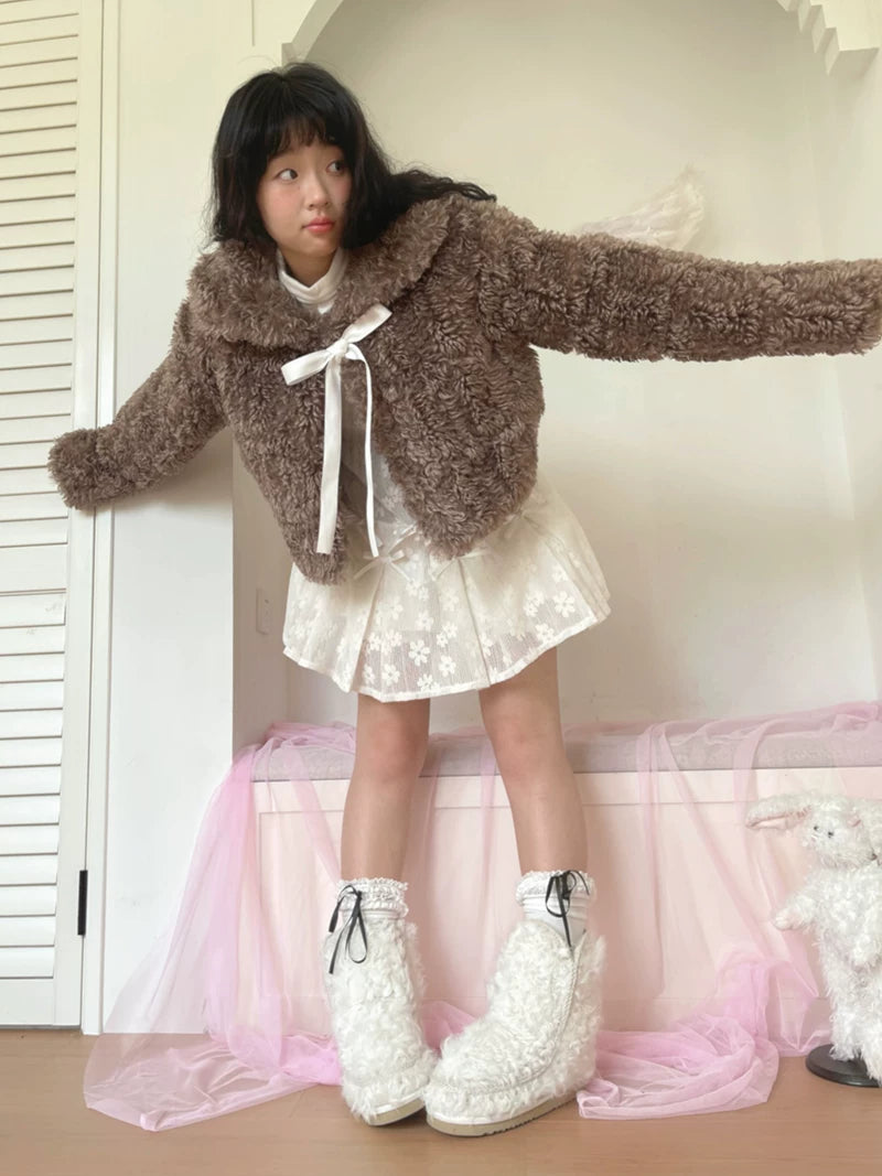 Fake Fur Bow Tie Plush Jacket