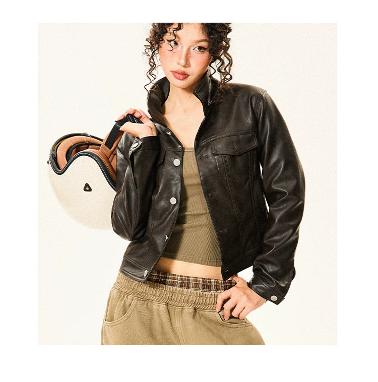 PU Leather Standing-Collar Short Jacket