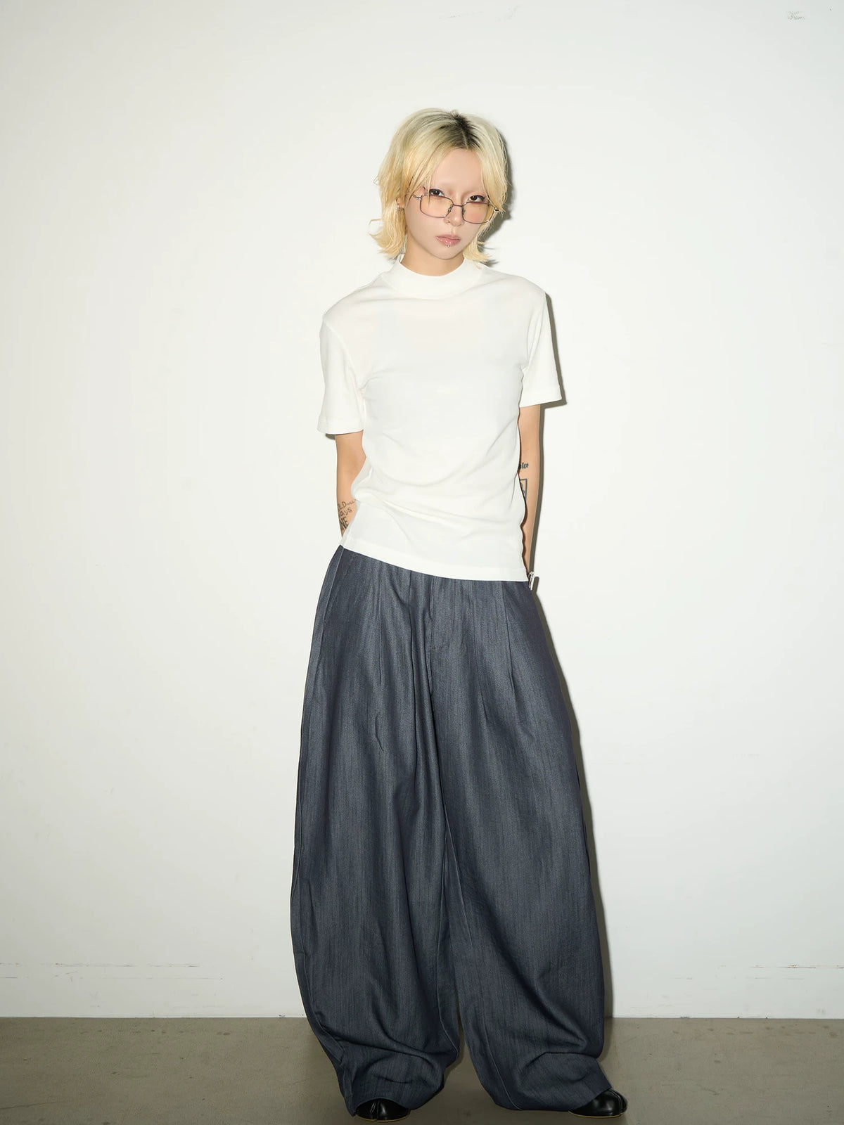 Pleats Elastic Waist Wide Leg Trousers