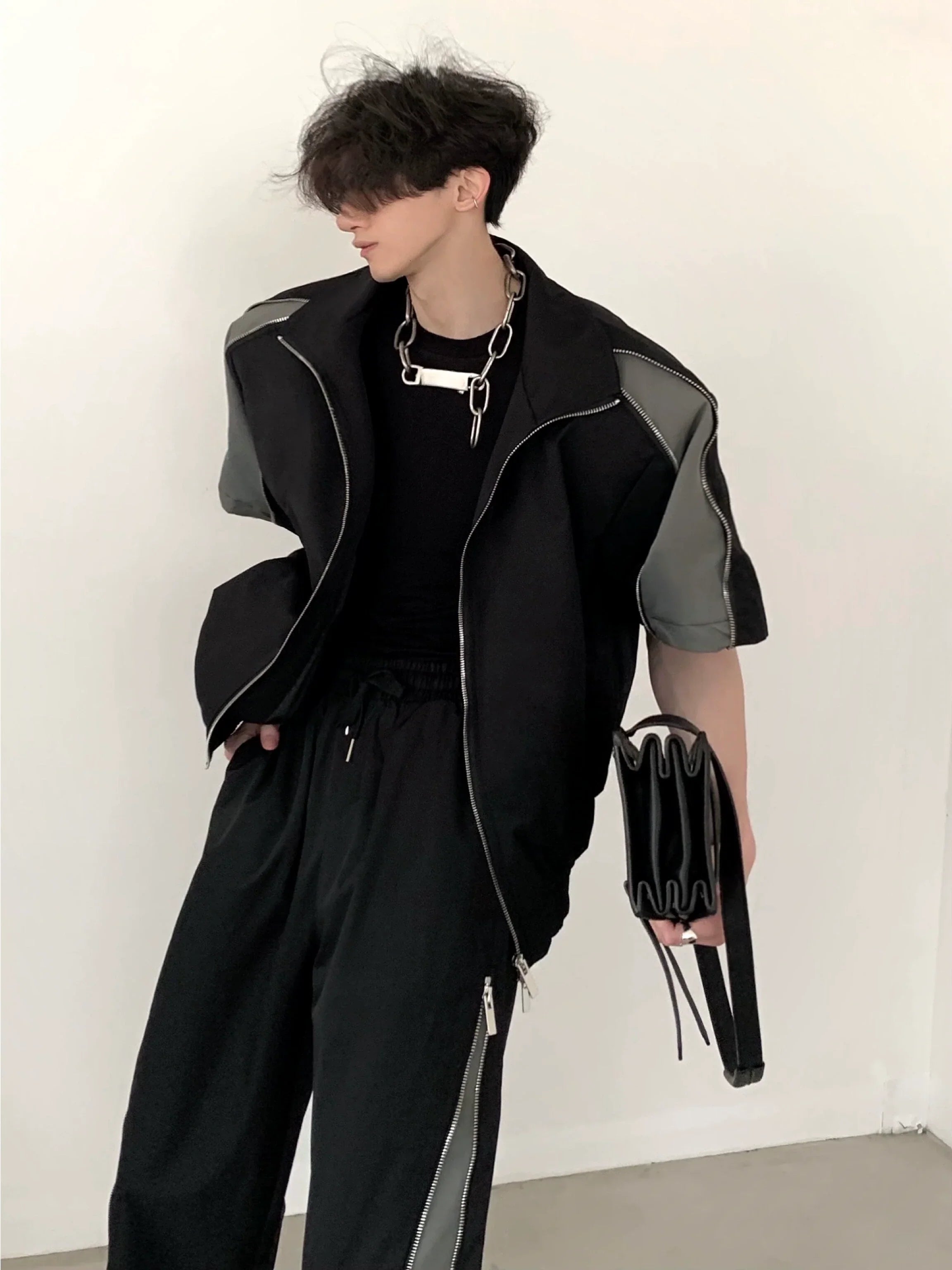 Shoulder Pad Short Sleeve ZIpper Shirt  & Zipper Design Trousers Setup
